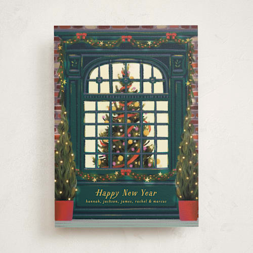 This is a dark turquoise non photo holiday cards with standard by Becky Nimoy called christmas window printing on signature in standard