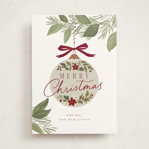 This is a snow non photo holiday cards with standard by Everett Paper Goods called ornament branch printing on signature in standard