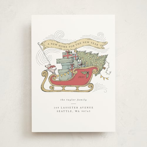 This is a cranberry non photo holiday cards with standard by Anna Black called vintage sleigh printing on signature in standard