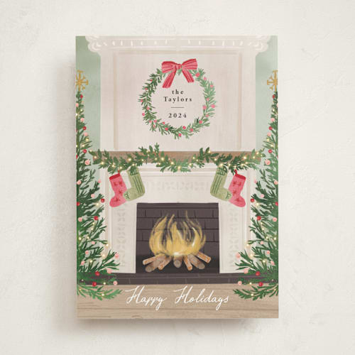 This is a fern non photo holiday cards with standard by Petra Kern called cosy fireplace printing on signature in standard