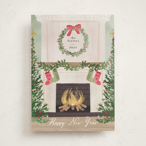 This is a fern non photo holiday cards with standard by Petra Kern called cosy fireplace printing on signature in standard