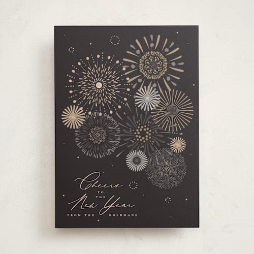 This is a midnight non photo holiday cards with standard by Kamala Nahas called fancy fireworks printing on signature in standard