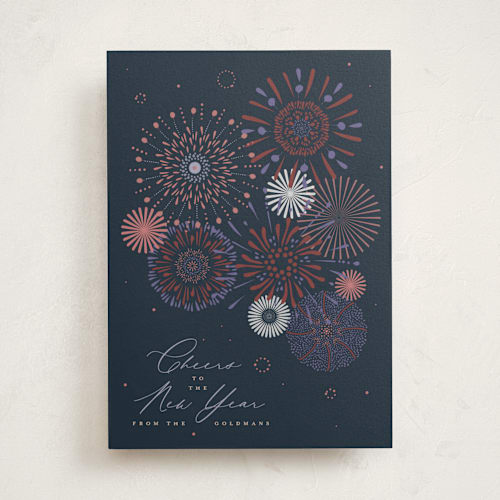 This is a twilight non photo holiday cards with standard by Kamala Nahas called fancy fireworks printing on signature in standard