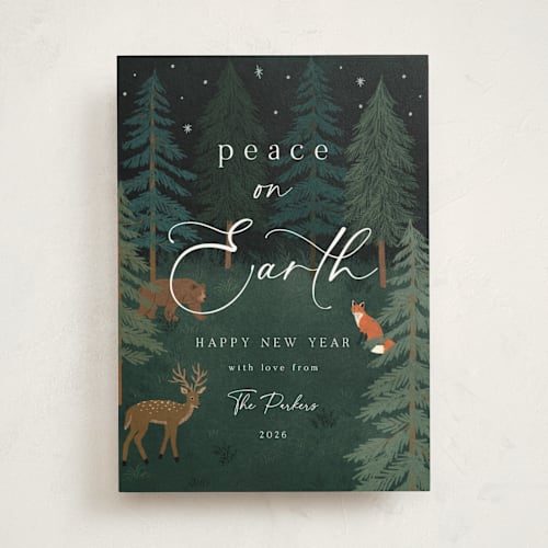 This is a midnight non photo holiday cards with standard by Elly called woodland peace printing on signature in standard