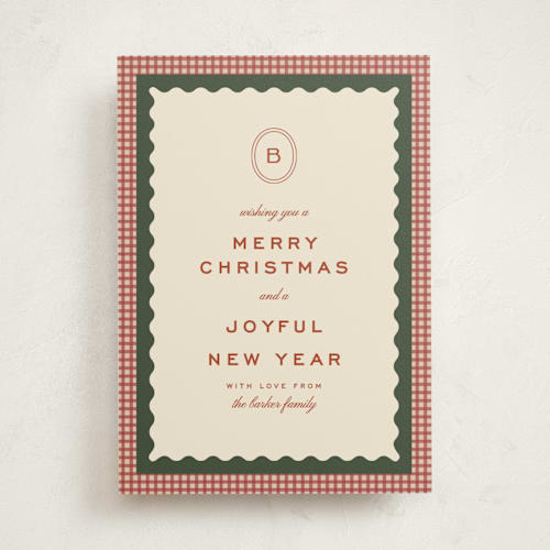 This is a cranberry non photo holiday cards with standard by Ellen Schlegelmilch called gingham layers printing on signature in standard
