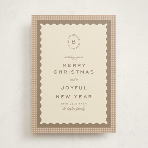 This is a cinnamon non photo holiday cards with standard by Ellen Schlegelmilch called gingham layers printing on signature in standard