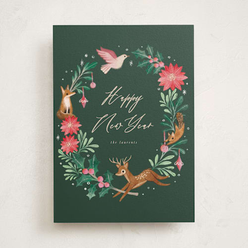 This is a forest non photo holiday cards with standard by Vivian Yiwing called woodland wreath printing on signature in standard