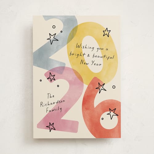 This is a party non photo holiday cards with standard by Pixel and Hank called new year stars printing on signature in standard