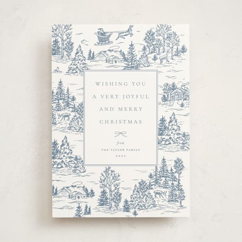 This is a periwinkle non photo holiday cards with standard by Jennifer Lew called christmas toile printing on signature in standard