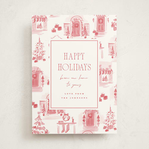 This is a peppermint non photo holiday cards with standard by Rebecca Durflinger called holiday home toile printing on signature in standard