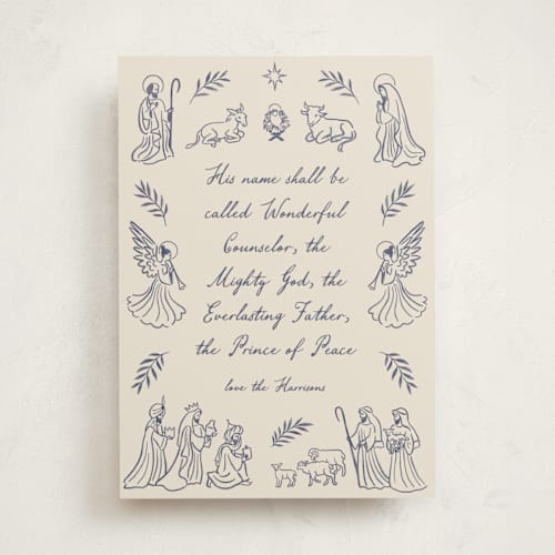 This is a indigo non photo holiday cards with standard by Jamie Alexander called nativity printing on signature in standard