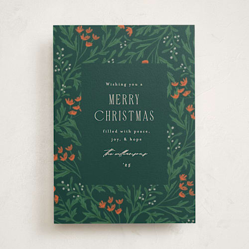 This is a pine non photo holiday cards with standard by Amy Kross called festive blooms printing on signature in standard