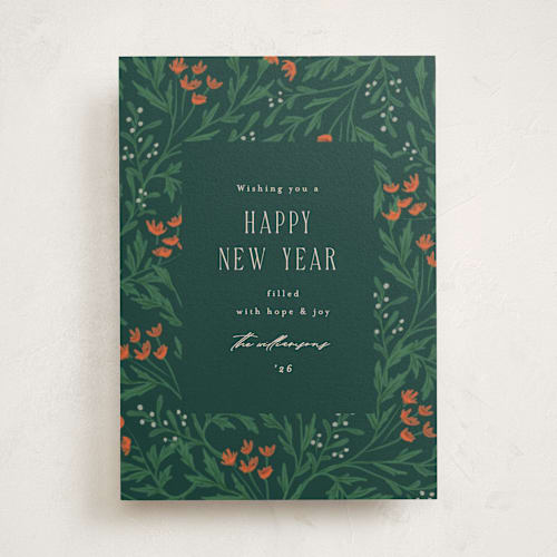This is a pine non photo holiday cards with standard by Amy Kross called festive blooms printing on signature in standard