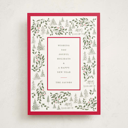 This is a cranberry non photo holiday cards with standard by Baumbirdy called village frame printing on signature in standard