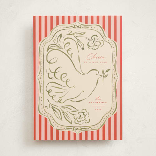 This is a cranberry non photo holiday cards with standard by Vera Lim called peace dove.. printing on signature in standard