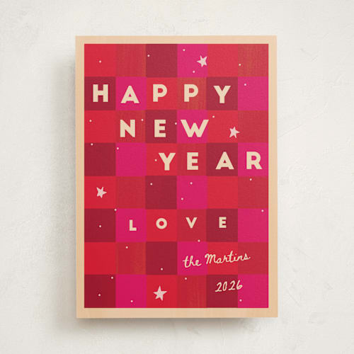 This is a cherry non photo holiday cards with standard by Ani Somi called checkered cheers printing on signature in standard