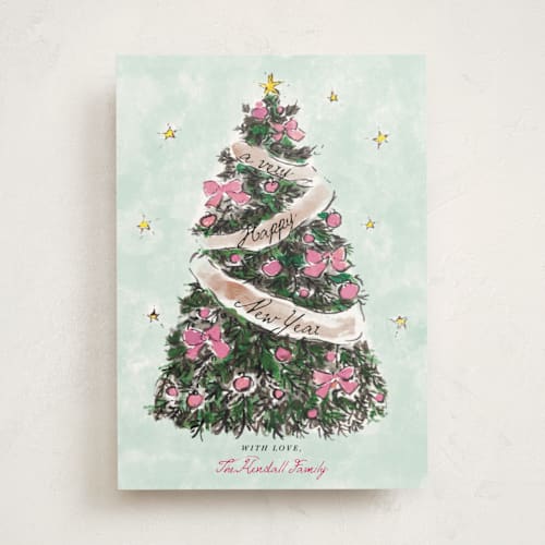 This is a winter rose non photo holiday cards with standard by Cass Loh called evergreen magic printing on signature in standard