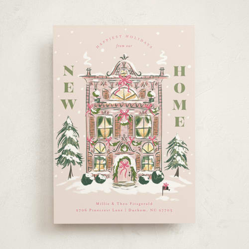 This is a flamingo non photo holiday cards with standard by Jackie Crawford called new home holiday house printing on signature in standard