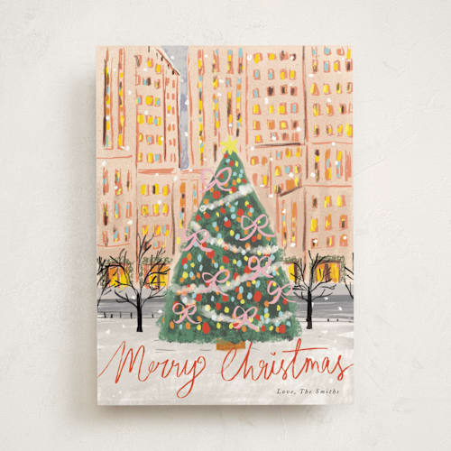 This is a cornucopia non photo holiday cards with standard by Cass Loh called city christmas tree printing on signature in standard