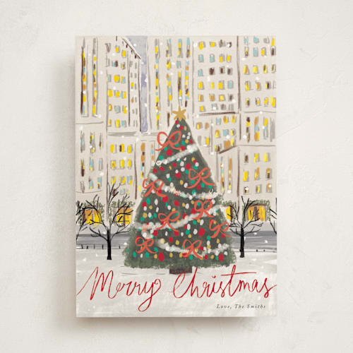 This is a candy cane non photo holiday cards with standard by Cass Loh called city christmas tree printing on signature in standard