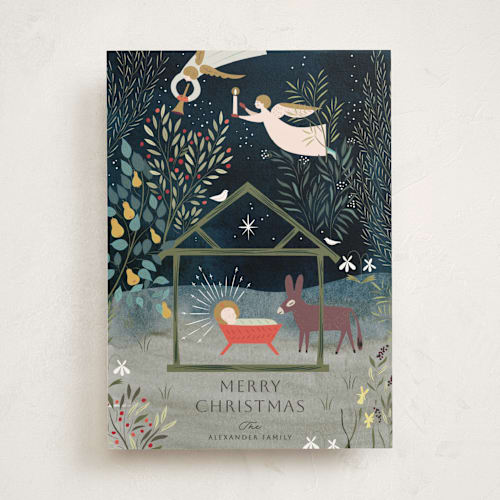 This is a renaissance non photo holiday cards with standard by Eve Schultz called nativity garden printing on signature in standard