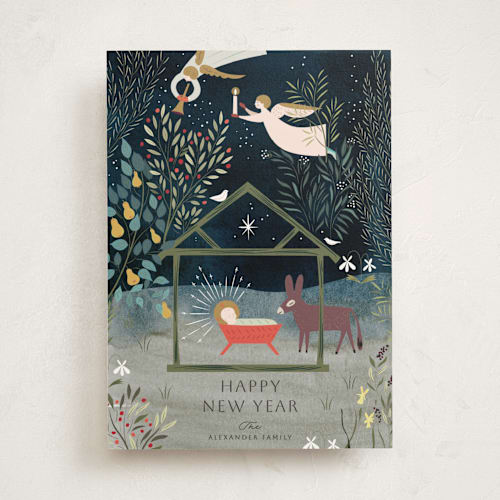 This is a renaissance non photo holiday cards with standard by Eve Schultz called nativity garden printing on signature in standard