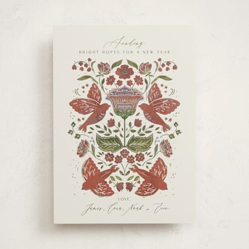 This is a cranberry non photo holiday cards with standard by Corie Page called peaceful folk floral doves printing on signature in standard