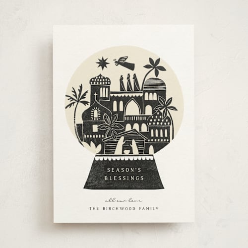 This is a midnight non photo holiday cards with standard by Sarah Knight called nativity snow globe printing on signature in standard