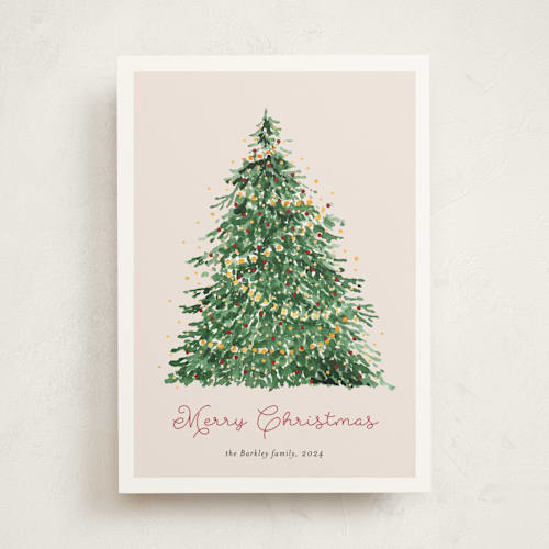 This is a cranberry non photo holiday cards with standard by frau brandt called glorious tree printing on signature in standard