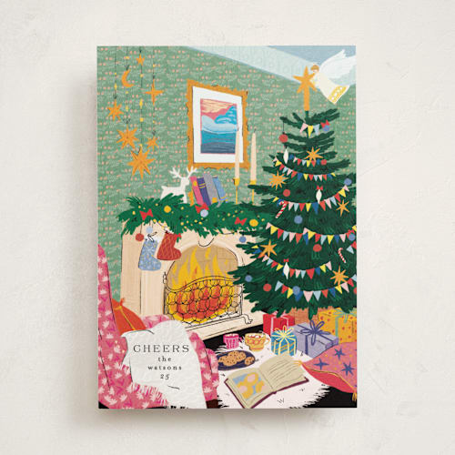 This is a pine non photo holiday cards with standard by Phrosné Barwood called fireplace printing on signature in standard