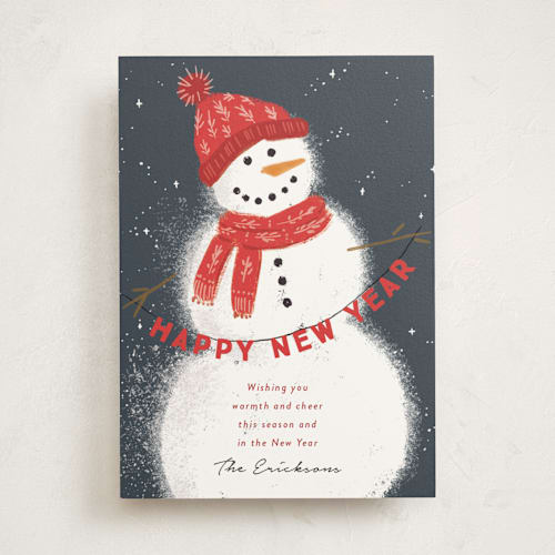 This is a peppermint non photo holiday cards with standard by Rebecca Durflinger called cheerful snowman printing on signature in standard