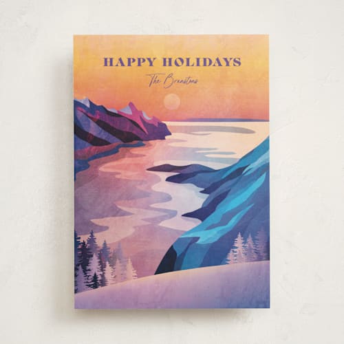 This is a plum non photo holiday cards with standard by Mojca Dolinar called winter sunset printing on signature in standard