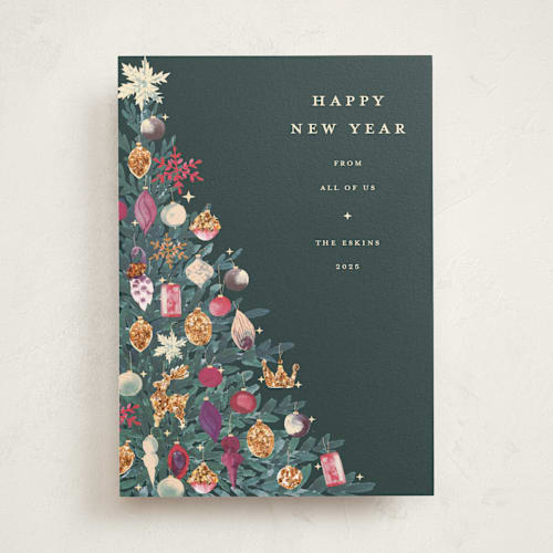 This is a emerald non photo holiday cards with standard by Teju Reval called ornament tree printing on signature in standard