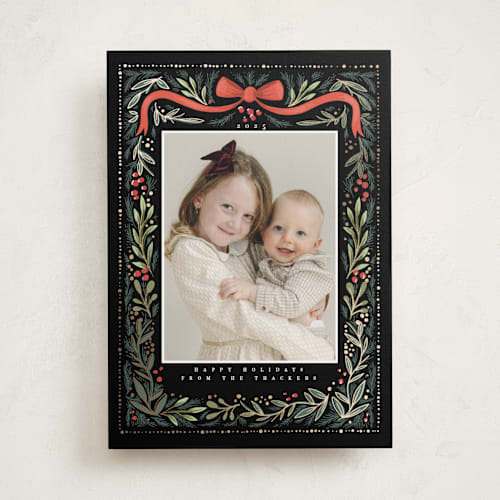 This is a midnight photo mount holiday cards with foil pressed by Hannah Williams called festive ribbon & fir printing on recycled in photo_mount