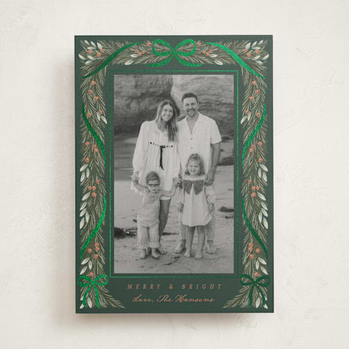 This is a juniper photo mount holiday cards with foil pressed by Leah Bisch called garland frame printing on recycled in photo_mount