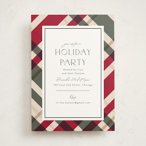 This is a berry holiday party invitations with standard by Chris Griffith called plaid suit holiday printing on signature in standard