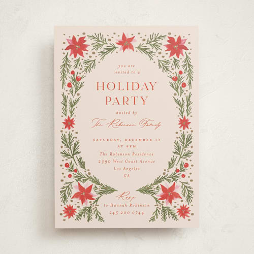 This is a chardonnay holiday party invitations with standard by Claudia Orengo called christmas flowers printing on signature in standard