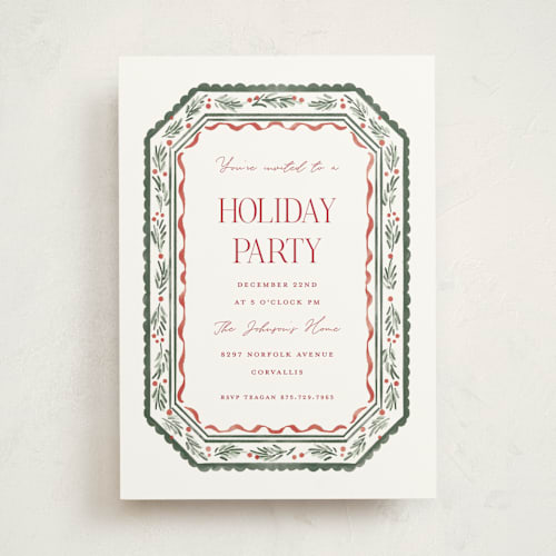 This is a evergreen holiday party invitations with standard by Rebecca Durflinger called festive framework printing on signature in standard