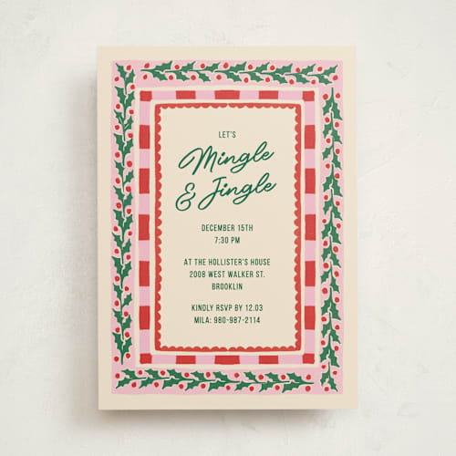 This is a peppermint holiday party invitations with standard by Pati Cascino called mingle and jingle printing on signature in standard