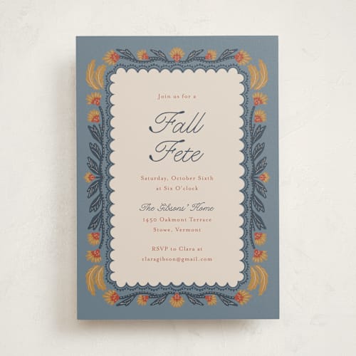 This is a slate gray holiday party invitations with standard by Cindy Reynolds called autumn harvest printing on signature in standard