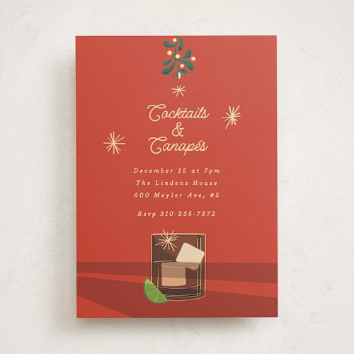 This is a poppy red holiday party invitations with standard by Becky Nimoy called cocktails and canapés printing on signature in standard
