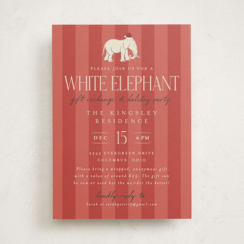 This is a santa hat holiday party invitations with standard by Heather Schertzer called white elephant printing on signature in standard