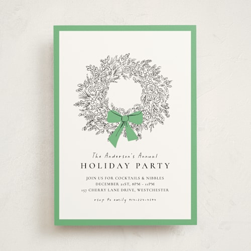 This is a greenery holiday party invitations with standard by mo kelley called wreath with bow printing on signature in standard