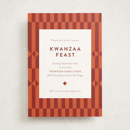 This is a scarlet holiday party invitations with standard by Anelle Mostert called kente cloth printing on signature in standard