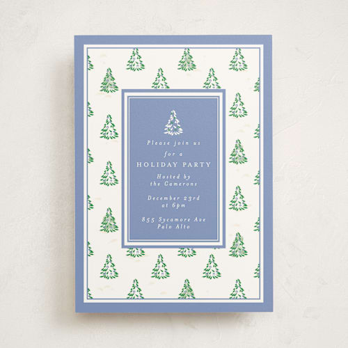 This is a provincial blue holiday party invitations with standard by Corinne Malesic called little trees printing on signature in standard