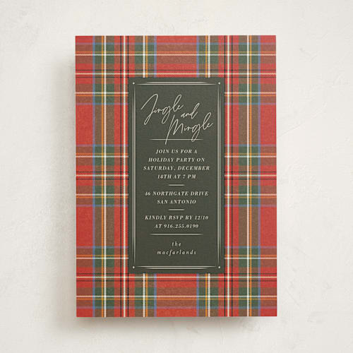 This is a flannel holiday party invitations with standard by Wildfield Paper Co called tweed printing on signature in standard