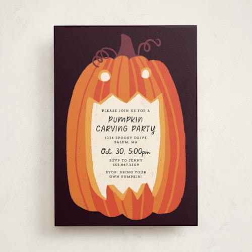 This is a midnight holiday party invitations with standard by Rebecca Smith called eat, drink, and be scary printing on signature in standard