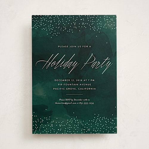 This is a emerald holiday party invitations with standard by Erin Deegan called glitter on emerald printing on signature in standard