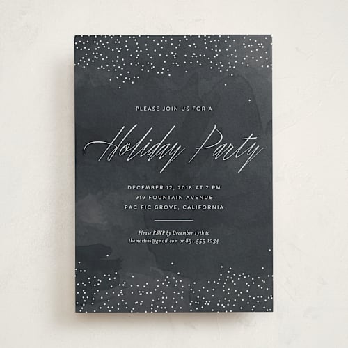 This is a charcoal holiday party invitations with standard by Erin Deegan called glitter on emerald printing on signature in standard
