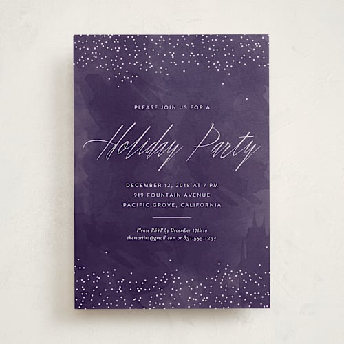 This is a grape holiday party invitations with standard by Erin Deegan called glitter on emerald printing on signature in standard